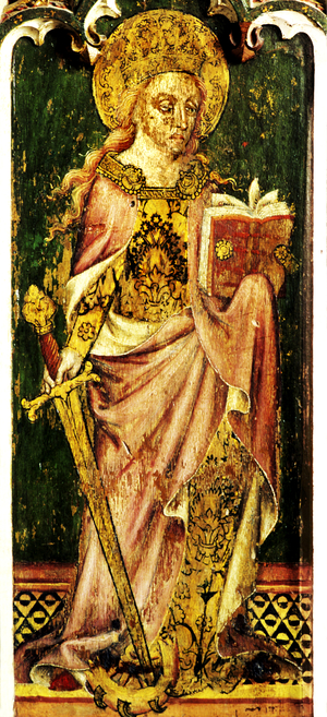St. Catherine of Alexandria, detail of the rood screen, All Saints Church, Filby, Norfolk, UK, c.1450 (tempera on wood)