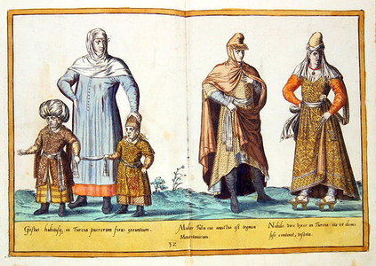 Sixteenth century costumes from 'Omnium Poene Gentium Imagines', published in Cologne, 1577 (hand-coloured engraving)
