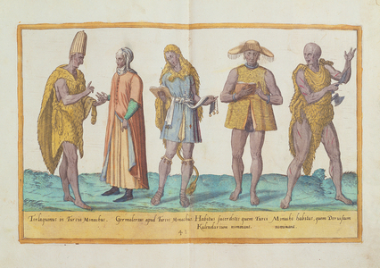 Sixteenth century costumes from 'Omnium Poene Gentium Imagines', published in Cologne, 1577 (hand-coloured engraving)