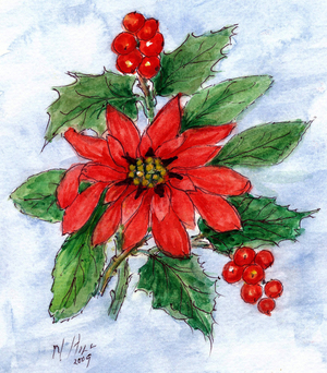 Poinsettia & Holly (w/c on paper)