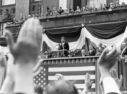 President J.F.Kennedy speaking to the crowd outside the Shoeneberger Rathaus, during which he stated 'Ich bin ein Berliner', Tempelhof-Shoeneberg, Berlin, 26th June 1963 (b/w photo)