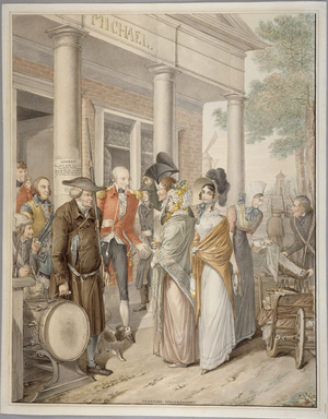Bourgeois street scene from Biedermeier-era Germany, Hamburg, 1815 (watercolour)