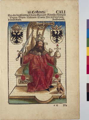 Portrait of Sigismund, Holy Roman Emperor, from Chronik des Konstanzer Konzils (Chronicle of the Council of Constance) by Ulrich von Richenthal, printed by Anton Sorg, Augsburg, 1483 (coloured woodcut)