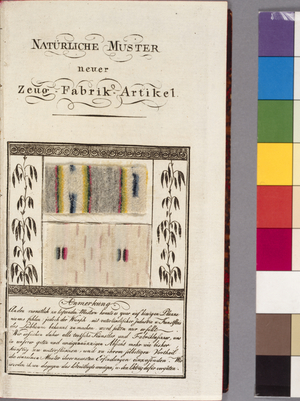 Fabric sample from Journal fuer Fabrik, Manufaktur, Handlung und Mode, published by Voss und Compagnie, Leipzig August 1796 (litho with cloth sample)