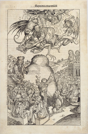 God overthrows the Antichrist, page 262 from Schedelsche Weltchronik by Hartmann Schedel, published by Anton Koberger, Nuremberg, 1493 (woodcut)