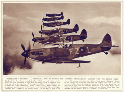 Spitfire formation, from 'The Illustrated War News', published 22nd November 1939 (b/w photo)