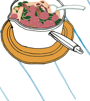 Pasta, 2009 (mixed media) cooking; culinary; Italian recipe; food; illustration; saucepan; meatballs; penne;