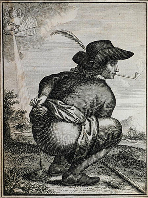 Man defecating, plate from 'Histoire secrette du prince Croq'etron et de la princesse Foirette', 1716 (engraving)