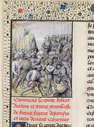 Ms 659 f.137 r. The Flemish defeat the French Army at the Battle of the Golden Spurs near Courtrai in 1302, 1477 (vellum)