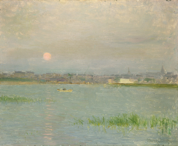 Rising Moon, Galway Harbour (oil on board)