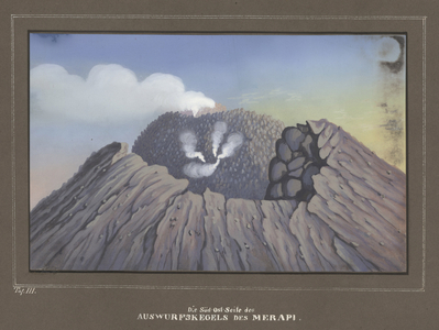 Eruption from Mount Merapi, Pl.III, 'Topographischer und Naturwissenschaftlicher Atlas zur Reise durch Java', by Dr.Fr.Junghuhn, Magdeburg 1845 (colour litho)