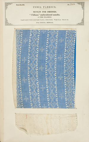 'Chikan' embroidered muslin sample from Dacca in Bengal, from 'The Collection of the Textile Manufacturers of India', by John Forbes Watson, published in 1866 (mixed media)