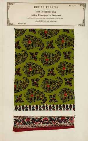 Cotton palempore or bed-cover sample from Futtygurgh in Bengal, from 'The Collection of the Textile Manufacturers of India', by John Forbes Watson, published in 1866 (mixed media)