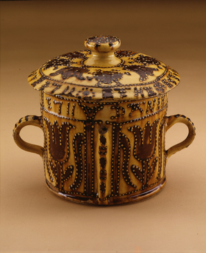 Posset pot with lid, 1711 (slipware)