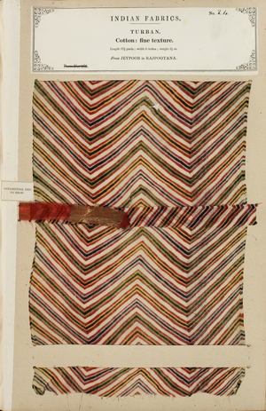 Fine cotton turban sample from Jeypoor in Rajpootana, from 'The Collection of the Textile Manufacturers of India', by John Forbes Watson, published in 1866 (mixed media)
