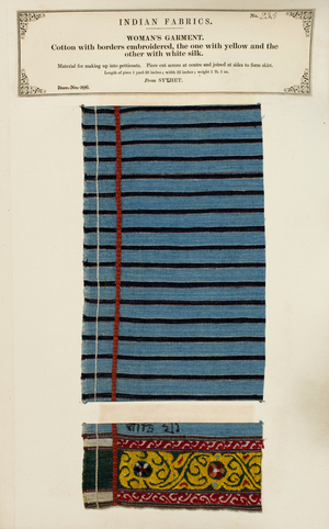 Cotton sample embroidered with white and yellow silk from Sylhet, from 'The Collection of the Textile Manufacturers of India', by John Forbes Watson, published in 1866 (mixed media)