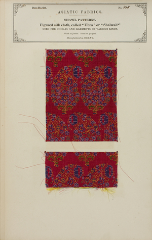 Figured silk cloth sample made in Herat, from 'The Collection of the Textile Manufacturers of India', by John Forbes Watson, published in 1866 (mixed media)
