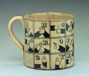 Staffordshire mug depicting the alphabet in sign language, c.1820 (earthenware)
