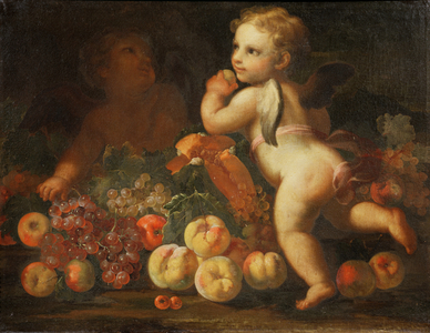 Putti with Grapes, Melon, Apples, Peaches and Other Fruit (oil on canvas) (pair of 87877)
