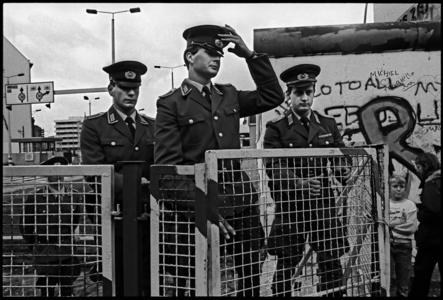 Soldiers at Checkpoint Charlie, Friedrichstrasse, Bezirk, Kreuzberg, Berlin, 7th October, 1989 (b/w photo)