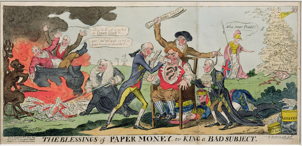 The Blessings of Paper Money or King a Bad Subject, published 1811 (coloured engraving)