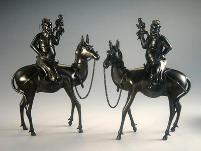 Pair of Incense Burners in the form of Mules and Riders (bronze)