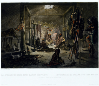 The Interior of the Hut of a Mandan Chief, engraved by Narcisse Edmond Desmadryl (b.1801) c.1835 (engraving with aquatint)