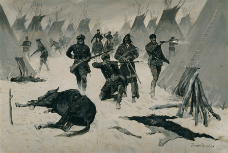 The Defeat of Crazy Horse (The Defeat of Crazy Horse by Colonel Miles, January 1877, Winter Attack on an Indian Village) c.1901, possibly c.1896 (oil on canvas)