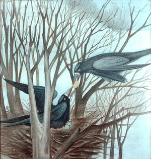 Two Rooks Feeding in a Tree (pencil & watercolour on paper)