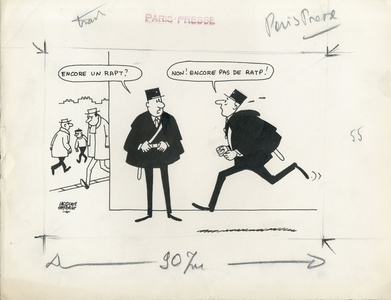 Paris-Presse, Satirique en N & B, 1966_3_2: Social, Greve, Ratp - Policeman - Illustration by Jacques Faizant (1918-2006)