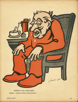 L'Assiette au Beurre, number 302, Satirique en Colours, 1907_1_12: “” Respect for old people! Thinker, bow down to that ganache!” - Third age