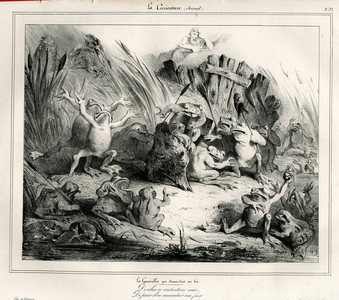 La Caricature (1830) politique, Satirique en N & B, 1831_8_11: The frogs who ask for a king - Fables La Fontaine and others - Batracien frog