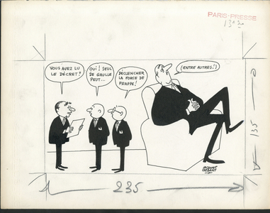 Paris-Presse, Satirique en N & B, 1964_1_22: Nucleaire, President of the Republic, Strike force, Armchair (symbol of power) - De Gaulle Charles - Illustration by Jacques Faizant (1918-2006)