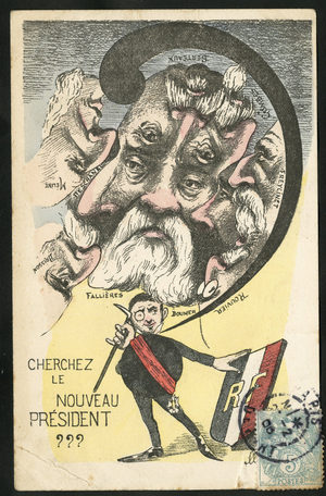 Postcard, Satirique en Couleurs, 1906: Graphic games, President of the Republic - Combes Emile (1835-1921), Doumer Paul (1857-1932), Rouvier Maurice (1842-1911), Fallieres Armand (1841-1931), Brisson Henri (1835-1912), Meline Jules (1838-1925), Berteaux Maurice (1852-1911)