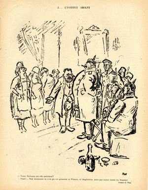 Le Laugher rouge, Satirique en N & B, 1918_1_26: War of 14 -18: at the Smolny Institute “” Is your nobility satisfied? - Peuh! Not only did you not get me France or England, but not even all Russia!” - Germany Prussia, Russian Revolution of 1917, USSR, Smolny - Illustration by Marcel Noblet (Nob) (1880-1935)