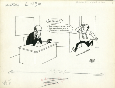 Le Figaro, Satirique en N & B, 1977_1_28: Elections, Paris, President of the Republic, Municipal elections - Giscard d'Estaing Valery, Chirac Jacques, Barre Raymond - Illustration by Jacques Faizant (1918-2006)
