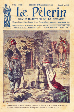 The captain of the Roche discovered, near the cell of Father Charles de Foucauld (1858-1916), the Holy Reserve still intact and carried it through the Sahara. Drawing by Lecoultre for the cover of Le Pelerin, June 18, 1922