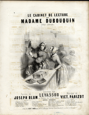 Illustration by Frederic Bouchot (1798-1860) in “” Chanson illustree””, ca. 1840 - Le cabinet de lecture de Madame Dubouquin - Shops, Books, Reading, Bookstore