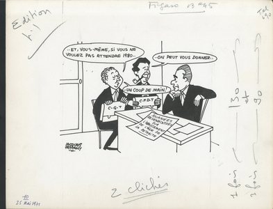 Le Figaro, Satirique en N & B, 1971_5_25: Social, Retirement, CGT, Cfdt - Seguy Georges, Chaban Delmas Jacques, Maire Edmond - Illustration by Jacques Faizant (1918-2006)