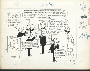 Paris-Presse, Satirique en N & B, 1964_4_23: Medical, President of the Republic, Social Security - Marianne, De Gaulle Charles, Pompidou Georges - Illustration by Jacques Faizant (1918-2006)