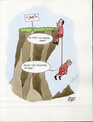 Days of France, Satirique en Couleurs, 1988_7_30: President of the Republic, Mountain Mountaineering Climbing, Opening - Mitterrand Francois, Rocard Michel - Illustration by Jacques Faizant (1918-2006)