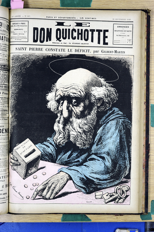 Cover of “” The Don Quixote””, number 847, Satirique en Couleurs, 1890_9_20: Saint Peter finds the deficit - Anticlericalism - Paradis, Denier de St Peter, Failure of the Church - S Pierre, Saints - Illustration by Charles Gilbert-Martin (1839-1905)