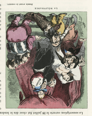 Illustration of Louis Alexandre Gosset de Guines dit Gill (1840-1885) for the Cover of L'Eclipse, 1872-8-4 - La delivrance - Censorship, Childhood, President of the Republic, Second Empire, Borrowing, Maternity, Political Right - Thiers Adolphe, Napoleon III - Maternity