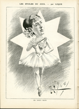 Illustration by Manuel Luque (1854-1919) in La Caricature (1880), 1888-11-10 - Dance, Opera - Mauri Rosita (1849-1923)