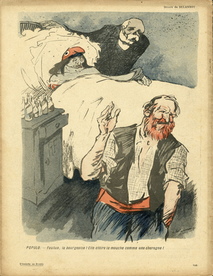L'Assiette au Beurre, number 359, Satirique en couleurs, 1908_2_15: Clemenceau George, Marianne, Worker Worker, Flies (lithograph)