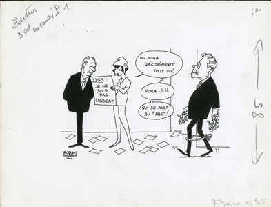Le Figaro, Satirique en N & B, 1973_11_13: Marianne, Servan-Schreiber Jean-Jacques, Messmer Pierre - Illustration by Jacques Faizant (1918-2006)
