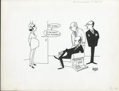 Le Figaro, Satirique en N & B, 1976_3_10: Elections, President of the Republic, Maternity, Original drawing - Marianne, Giscard d'Estaing Valery, Chirac Jacques, Poniatowski Michel - Illustration by Jacques Faizant (1918-2006)