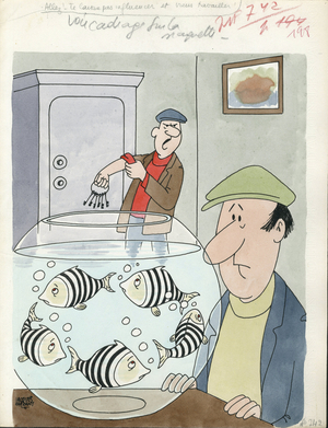 Days of France, Satirical in Colours, 1969_3_1: Humor, Flight - Fish, Thief - Illustration by Jacques Faizant (1918-2006)