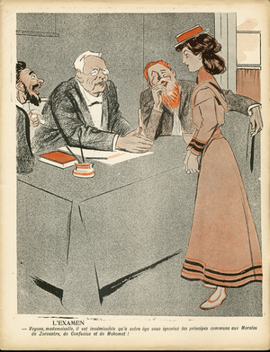 L'Assiette au Beurre, number 276, Satirique en couleurs, 1906_7_14: Teaching, Jury, Examination - Teacher, Student, Women (lithograph)