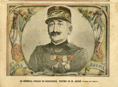 Illustration of Achille Lemot (1846-1909) in Le Pelerin, 27/03/04 - General Geslin of Burgundy, victim of Mr. Andre - Armee, Case of the cards - Andre Louis, General Generaux, Jules Henri Geslin of Burgundy (1812-1897)